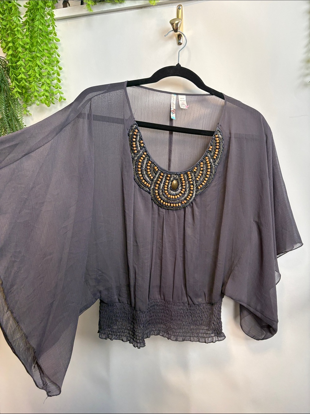 6 degrees Gray Sheer Tunic with Beaded Neckline